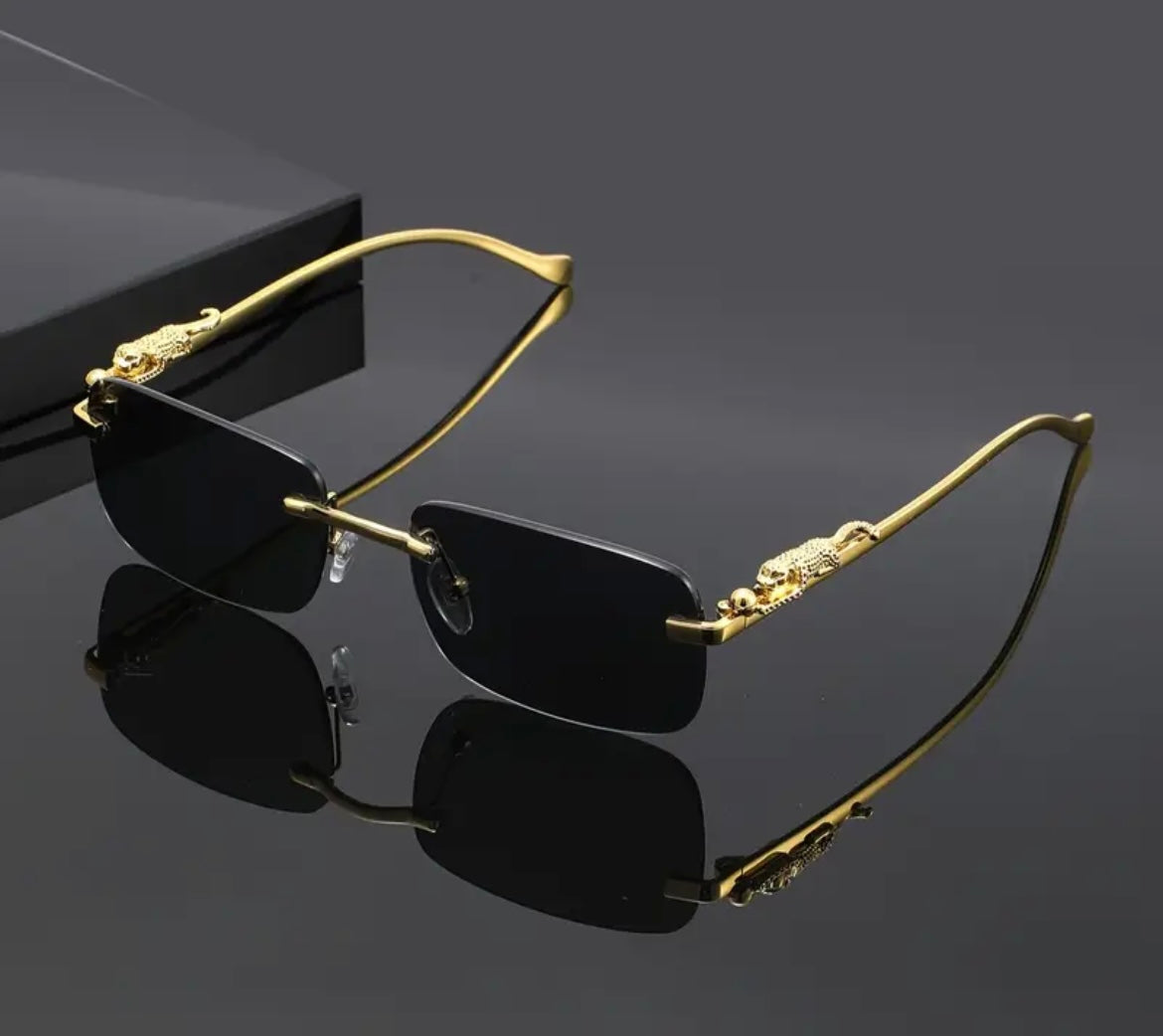 Rimless Sunglasses with Gold Temples and Panther Design