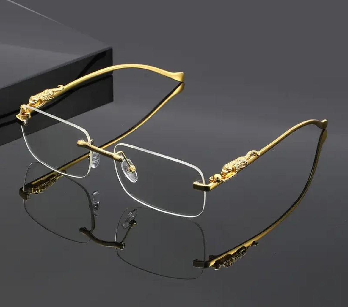 Rimless Sunglasses with Gold Temples and Panther Design