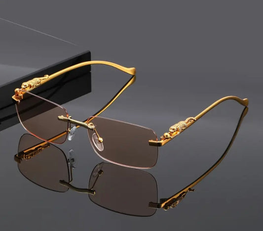 Rimless Sunglasses with Gold Temples and Panther Design