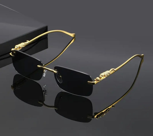Rimless Sunglasses with Gold Temples and Panther Design